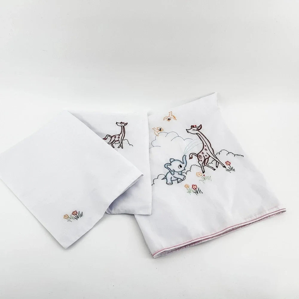 Vintage Embroidered Elephant Giraffe Toddler Bed Sheet & Pillowcase Set Handmade
